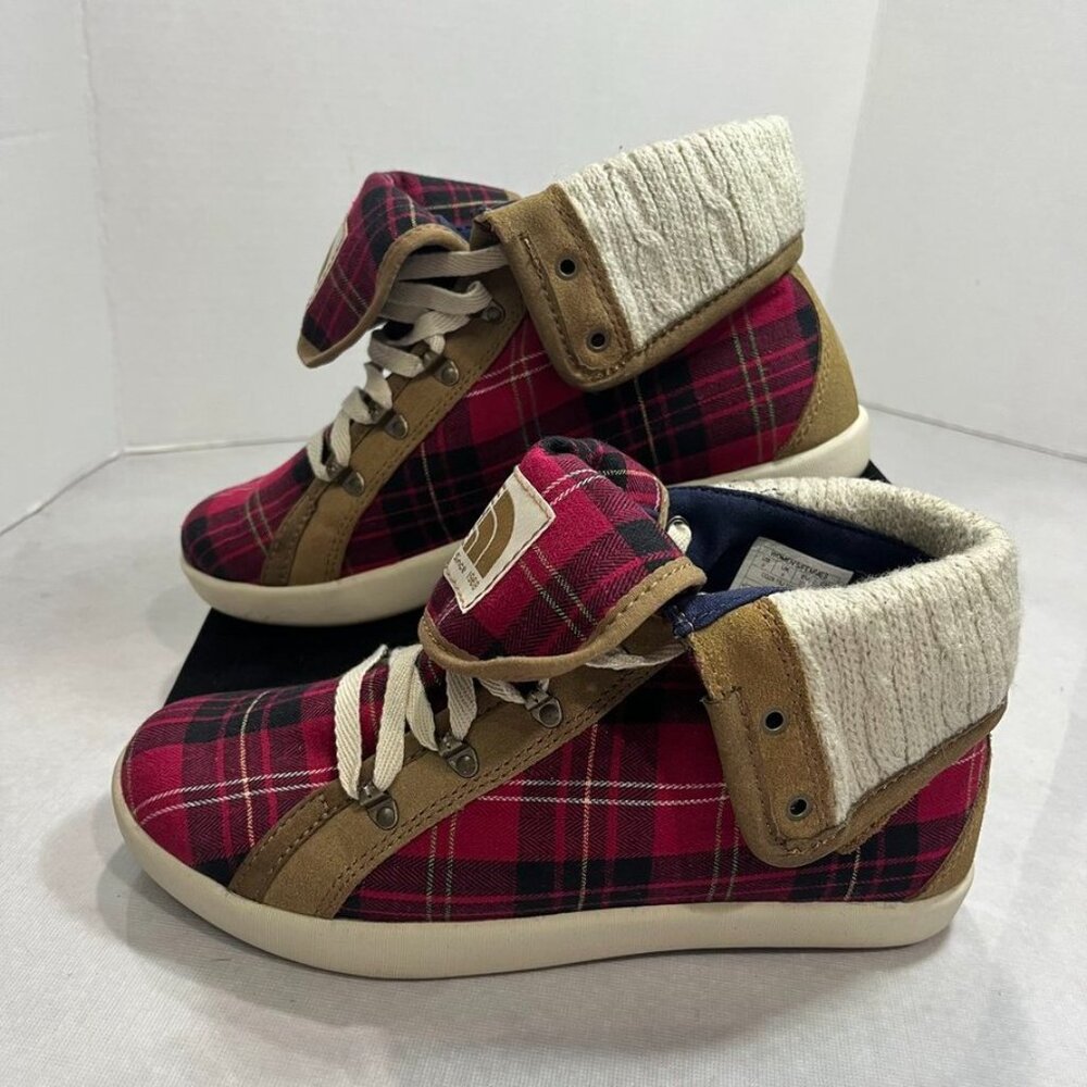 The North Face Base Camp Roll-Down Plaid Suede Sneakers Red Tan Women’s Size 6